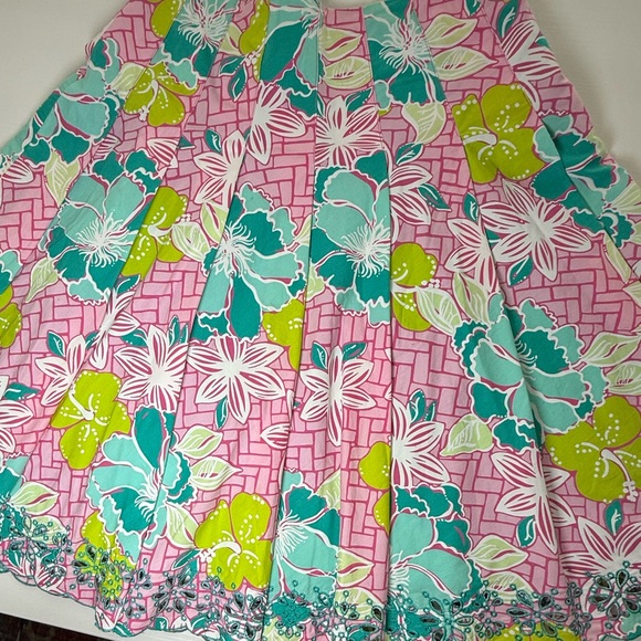 Lilly Pulitzer Floral Pleated Skirt - Pink, Green, Aqua. Eyelet‎ Hem Design sz 2 - Picture 3 of 9